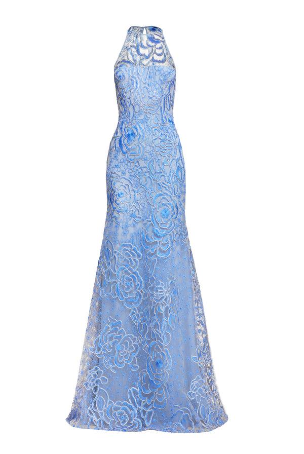 Naeem Khan FLORAL RAFFIA HALTER FIT-AND-FLARE GOWN