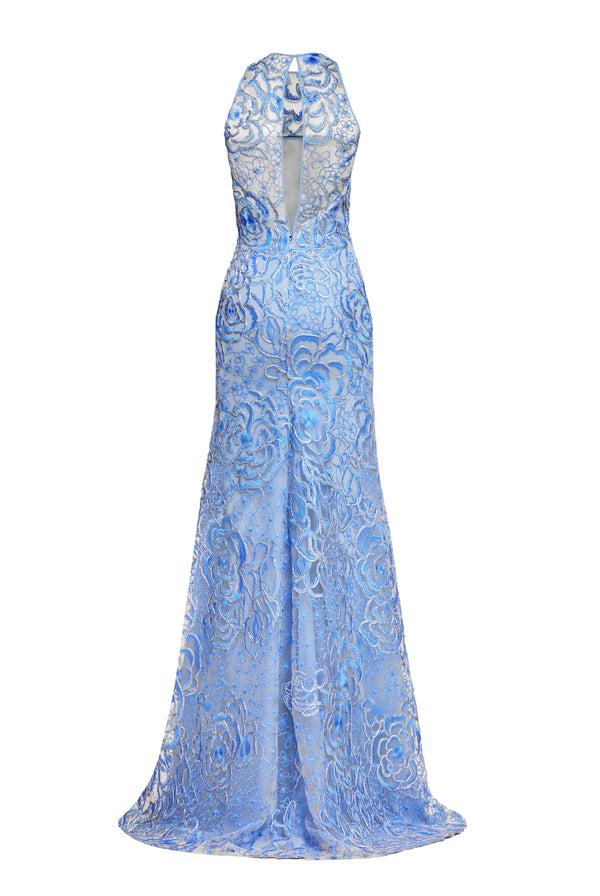 Naeem Khan FLORAL RAFFIA HALTER FIT-AND-FLARE GOWN