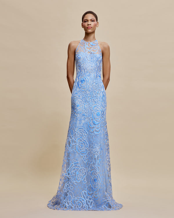 naeem khan FLORAL RAFFIA HALTER FIT-AND-FLARE GOWN