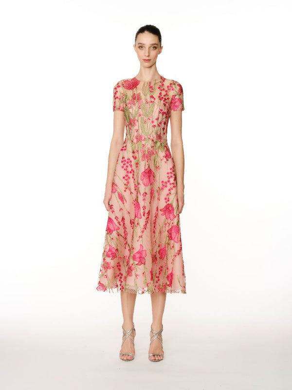 Naeem Khan FLORAL TEA-LENGTH CAP SLEEVE DRESS
