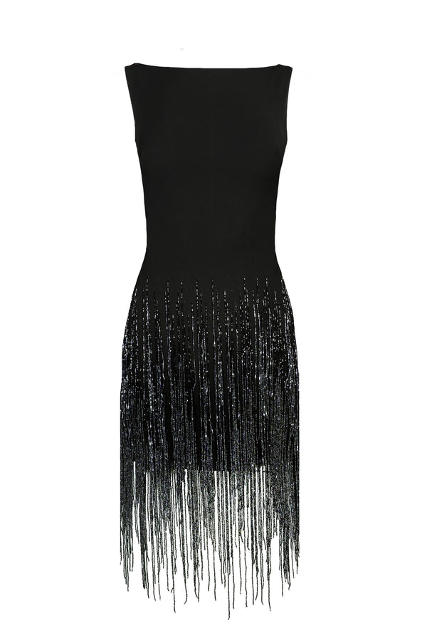 Naeem Khan FRINGE BOAT NECK SLEEVLESS DRESS