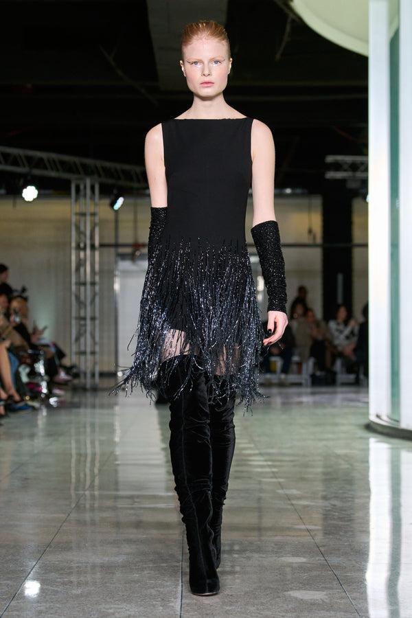 naeem khan FRINGE BOAT NECK SLEEVLESS DRESS