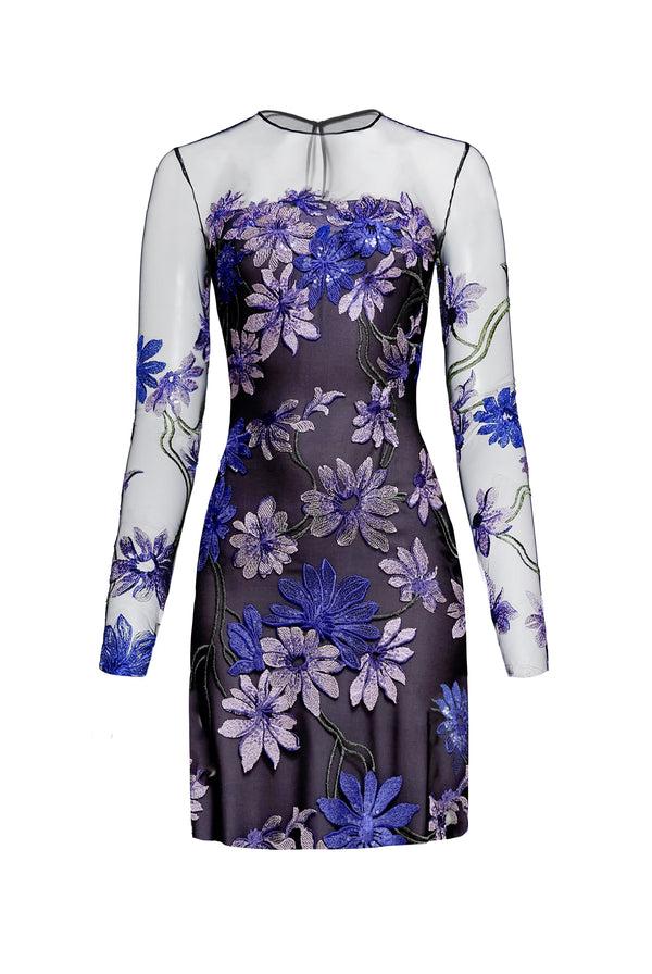 Naeem Khan ILLUSION NECKLINE LONG SLEEVE DRESS