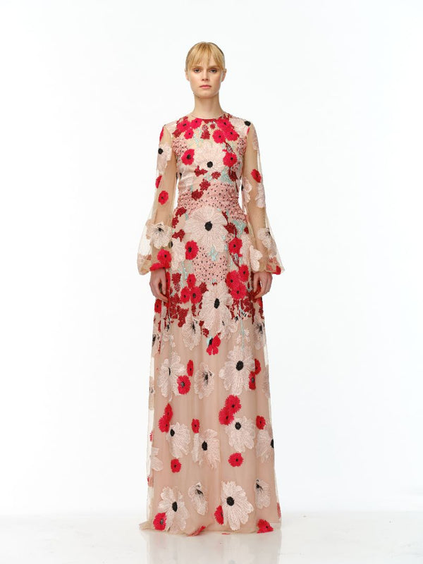 naeem khan JEWEL NECK BLOUSON SLEEVE GOWN