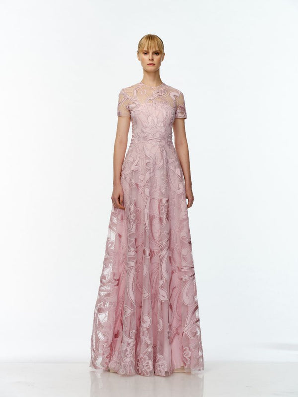 naeem khan JEWEL NECK CAP SLEEVE GOWN