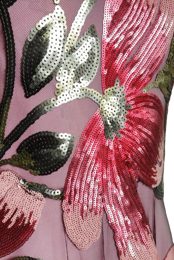 Naeem Khan JEWEL NECK CAP SLEEVE TEA-LENGTH DRESS