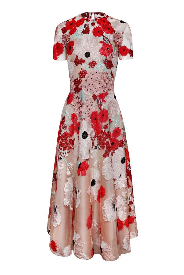 Naeem Khan JEWEL NECK CAP SLEEVE TEA-LENGTH DRESS