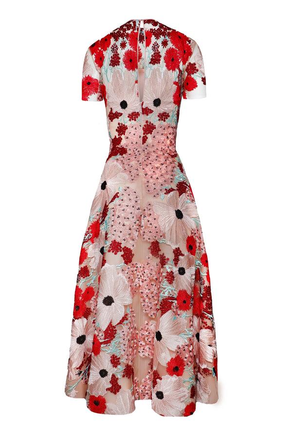 Naeem Khan JEWEL NECK CAP SLEEVE TEA-LENGTH DRESS