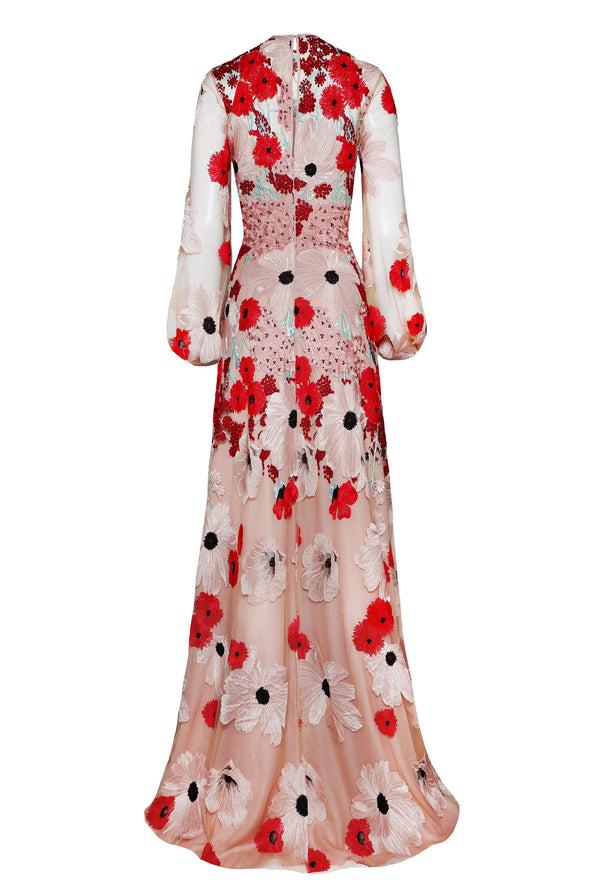 Naeem Khan JEWEL NECK CAP SLEEVE TEA-LENGTH DRESS