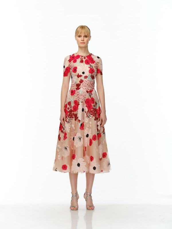naeem khan JEWEL NECK CAP SLEEVE TEA-LENGTH DRESS
