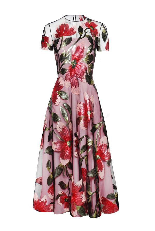 Naeem Khan JEWEL NECK CAP SLEEVE TEA-LENGTH DRESS