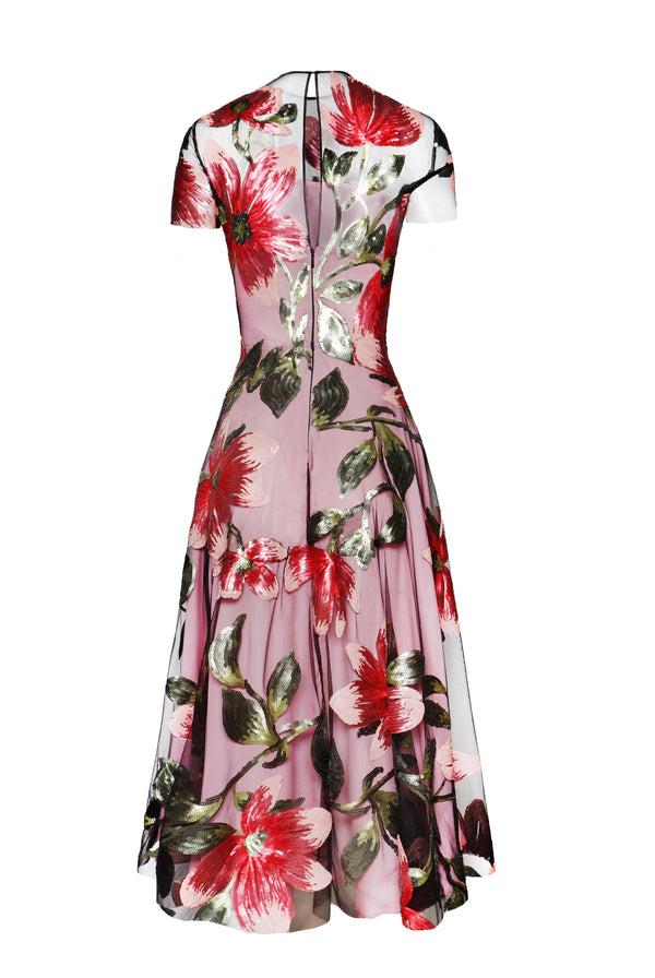 Naeem Khan JEWEL NECK CAP SLEEVE TEA-LENGTH DRESS