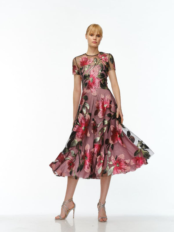 naeem khan JEWEL NECK CAP SLEEVE TEA-LENGTH DRESS