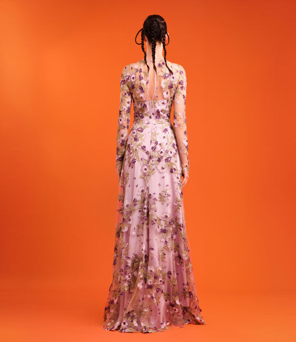 Naeem Khan JEWEL NECK FLORAL GOWN
