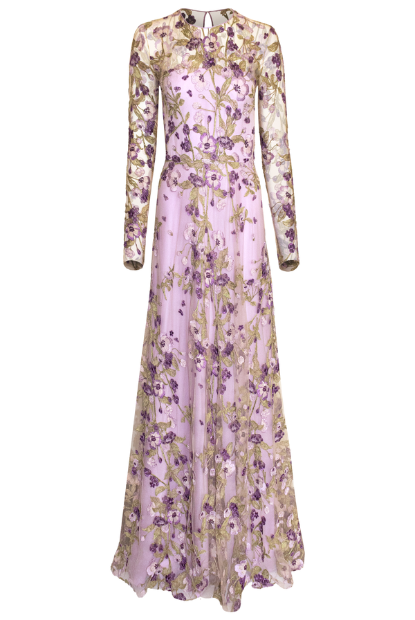 Naeem Khan JEWEL NECK FLORAL GOWN