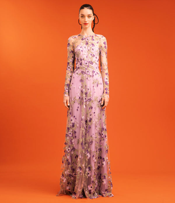 naeem khan JEWEL NECK FLORAL GOWN