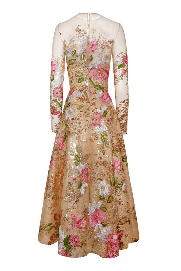 Naeem Khan JEWEL NECK LONG SLEEVE DRESS