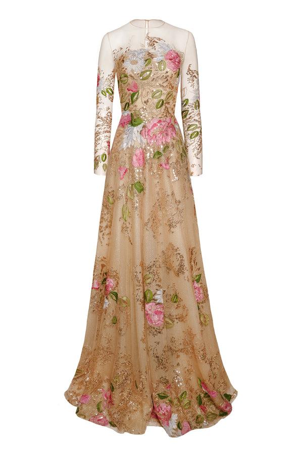 naeem khan JEWEL NECK LONG SLEEVE GOWN