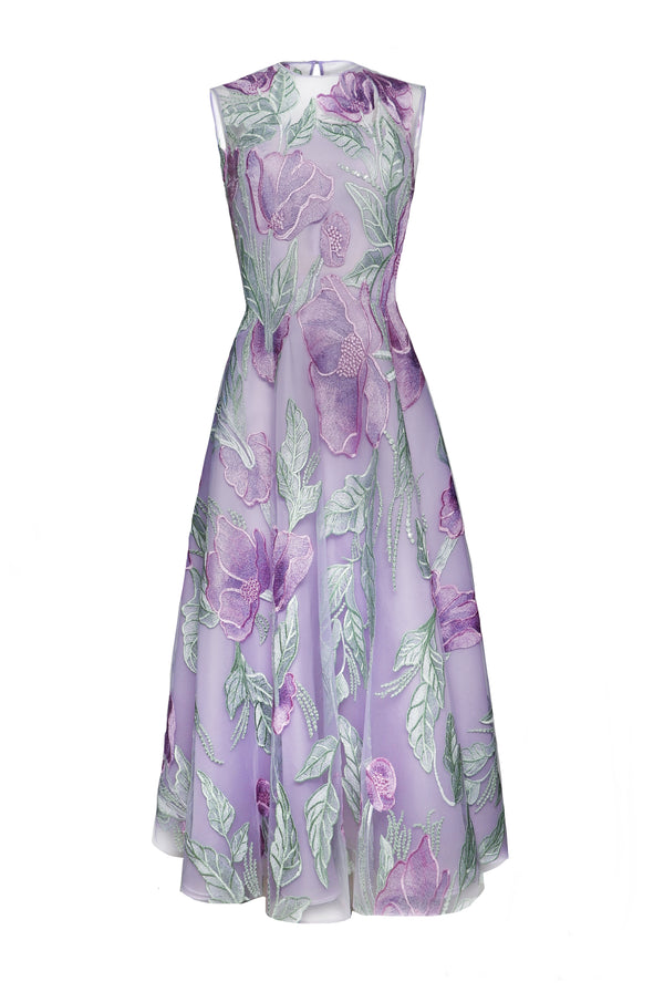 Naeem Khan JEWEL NECK SLEEVELESS TEA-LENGTH DRESS