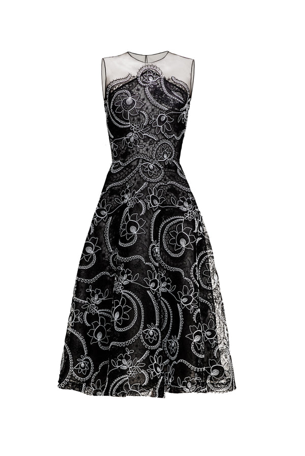 Naeem Khan JEWEL NECK SLEEVELESS TEA-LENGTH DRESS