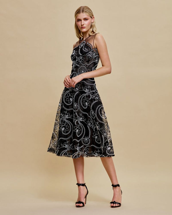 naeem khan JEWEL NECK SLEEVELESS TEA-LENGTH DRESS