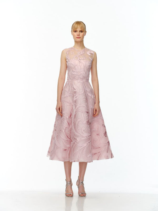 naeem khan JEWEL NECK SLEEVELESS TEA-LENGTH DRESS