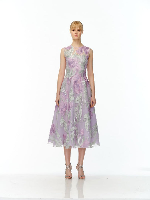 naeem khan JEWEL NECK SLEEVELESS TEA-LENGTH DRESS