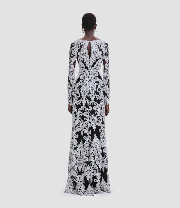 Naeem Khan LACE BOAT NECK FIT-AND-FLARE GOWN