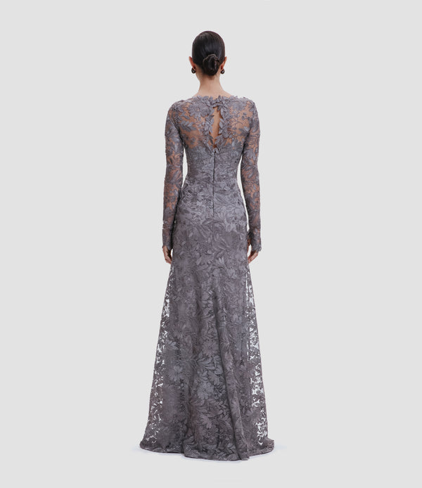 Naeem Khan LACE BOAT NECK FIT-AND-FLARE GOWN