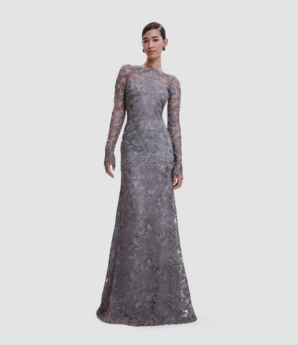 Naeem Khan LACE BOAT NECK FIT-AND-FLARE GOWN