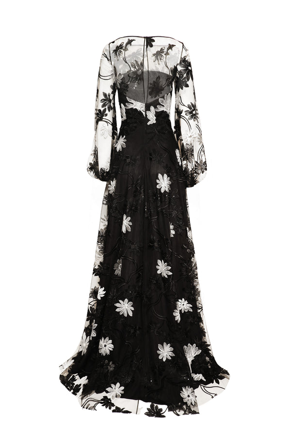 Naeem Khan LACE BOATNECK GOWN WITH BLOUSON SLEEVES