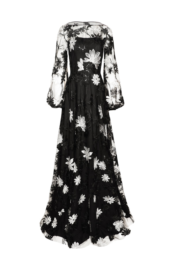naeem khan LACE BOATNECK GOWN WITH BLOUSON SLEEVES