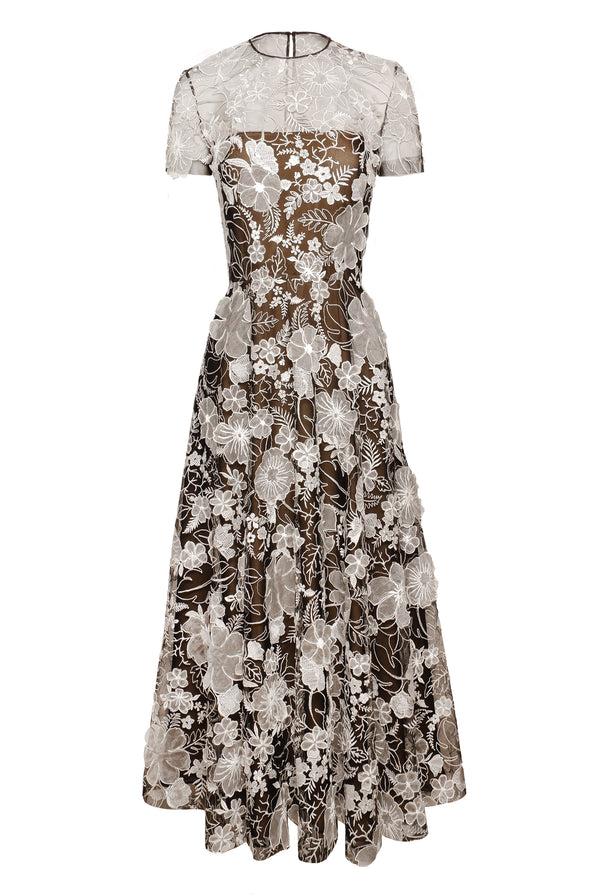 Naeem Khan LACE CAP SLEEVE TEA-LENGTH DRESS