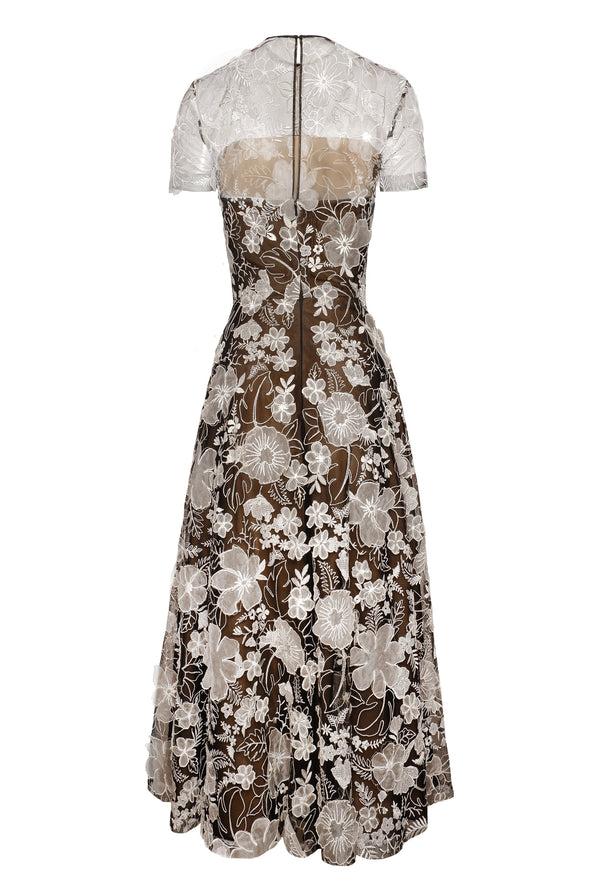 Naeem Khan LACE CAP SLEEVE TEA-LENGTH DRESS