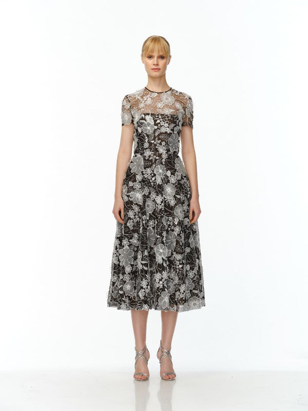 naeem khan LACE CAP SLEEVE TEA-LENGTH DRESS