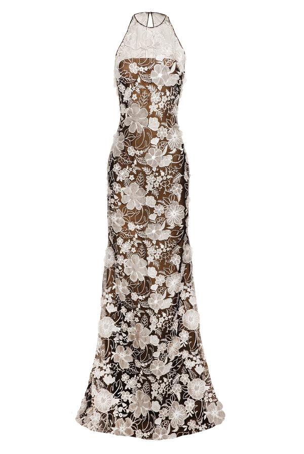 Naeem Khan LACE HALTER FIT-AND-FLARE GOWN