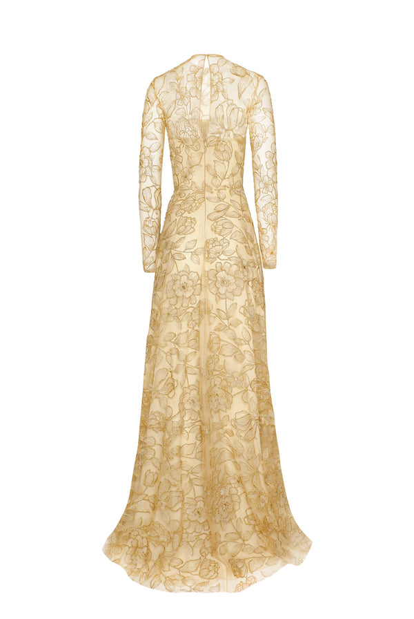 Naeem Khan LACE JEWEL NECK FULL SKIRT GOWN