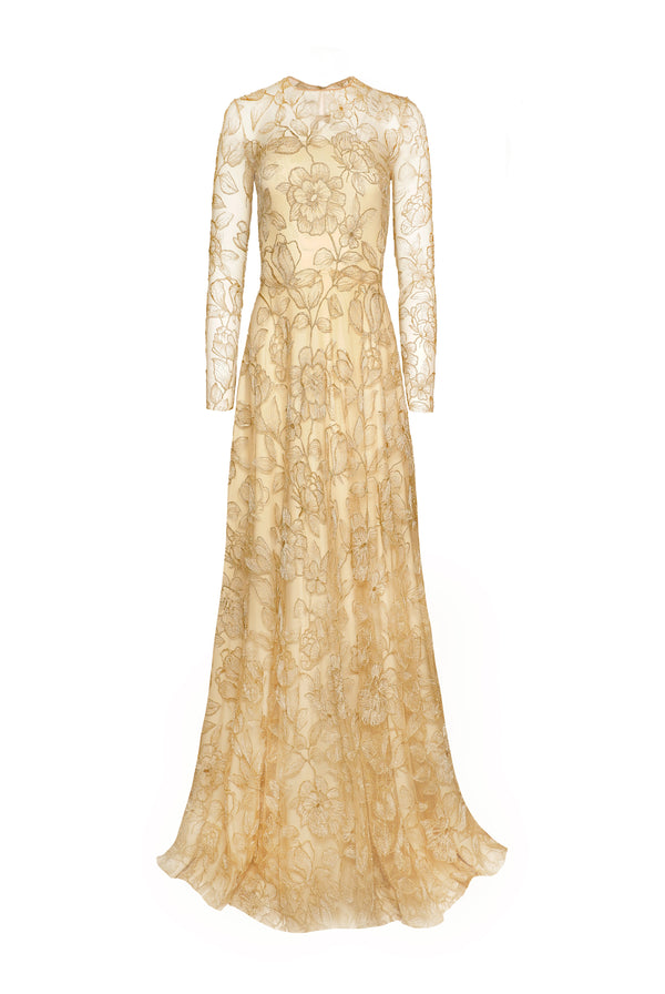 naeem khan LACE JEWEL NECK FULL SKIRT GOWN