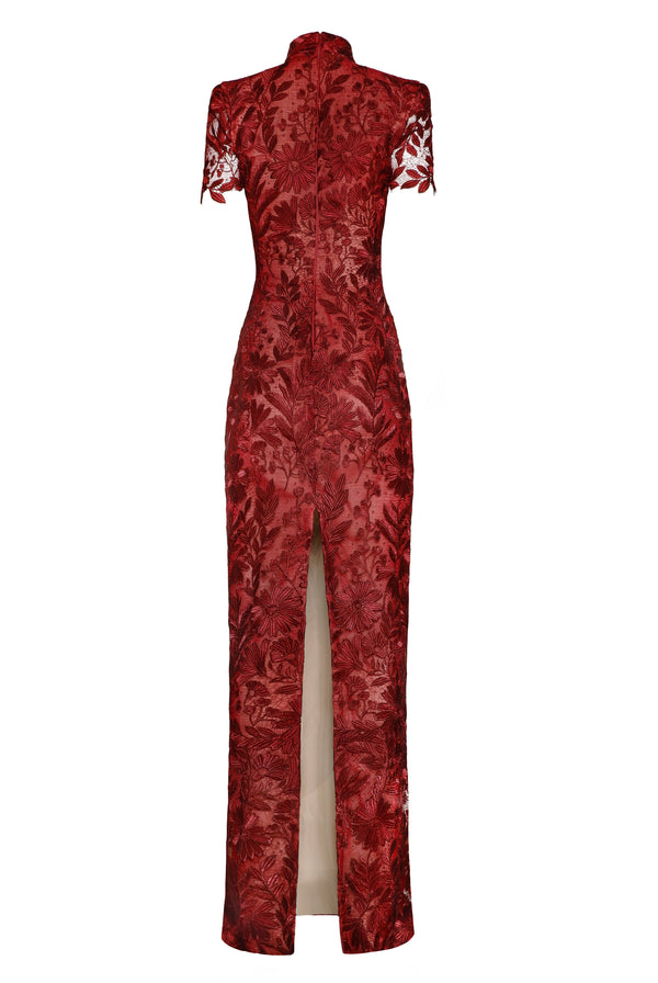 Naeem Khan LACE MOCK NECK SHORT SLEEVE COLUMN GOWN