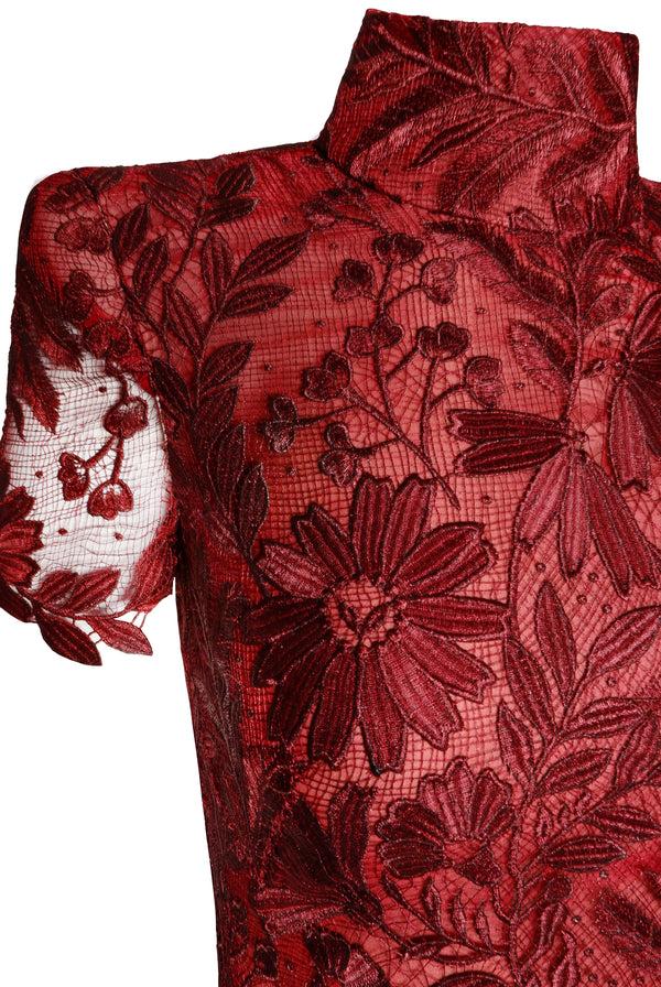 Naeem Khan LACE MOCK NECK SHORT SLEEVE COLUMN GOWN