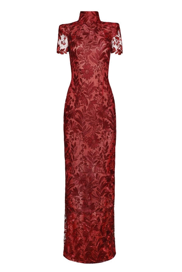 Naeem Khan LACE MOCK NECK SHORT SLEEVE COLUMN GOWN