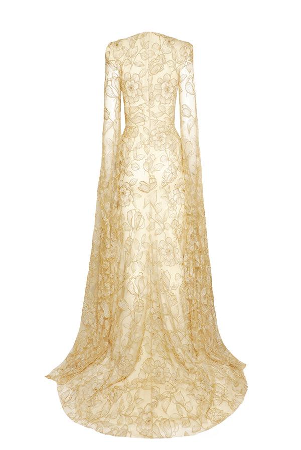Naeem Khan LACE V-NECK GOWN WITH CASCADING SLEEVES