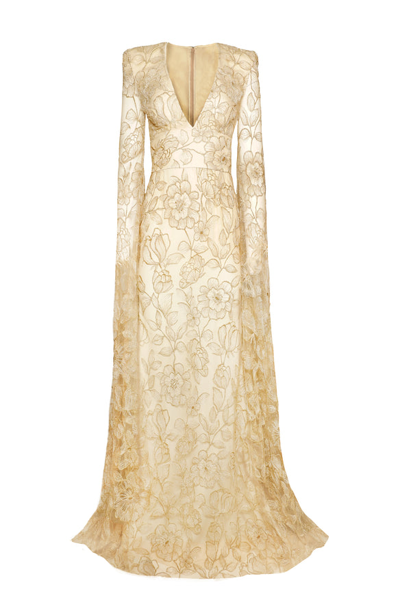 Naeem Khan LACE V-NECK GOWN WITH CASCADING SLEEVES
