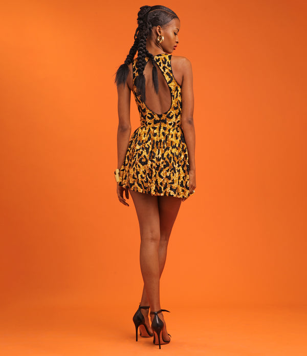 Naeem Khan LEOPARD EMBROIDERED SCOOP NECK DRESS