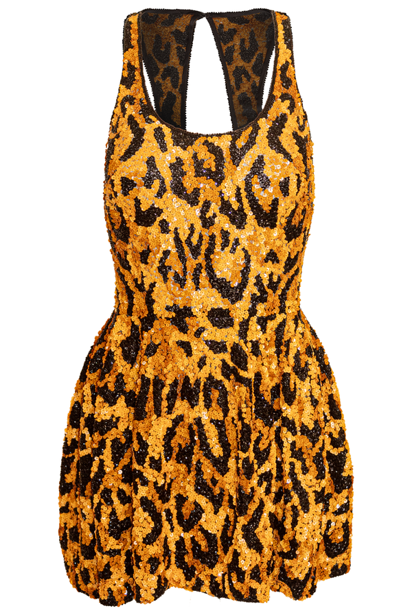 Naeem Khan LEOPARD EMBROIDERED SCOOP NECK DRESS