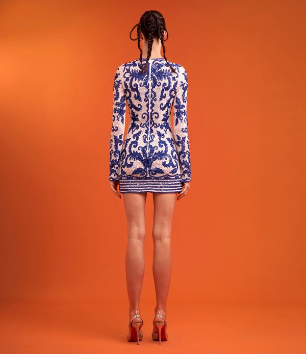 Naeem Khan LONG SLEEVE EMBROIDERED COCKTAIL DRESS