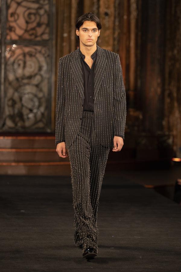 Naeem Khan METAL FRINGE PINSTRIPE PANT