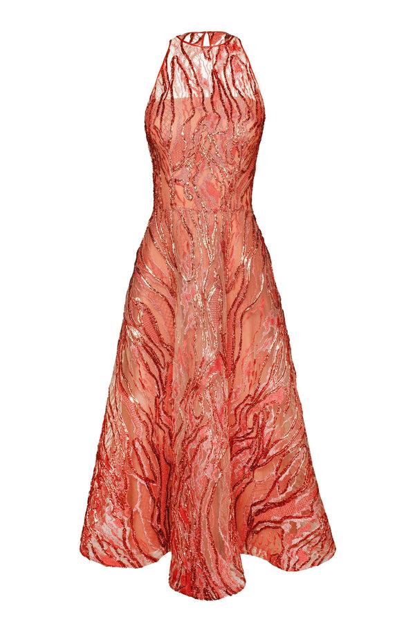 Naeem Khan METALLIC RAFFIA HALTER TEA LENGTH DRESS