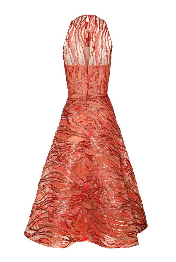 Naeem Khan METALLIC RAFFIA HALTER TEA LENGTH DRESS