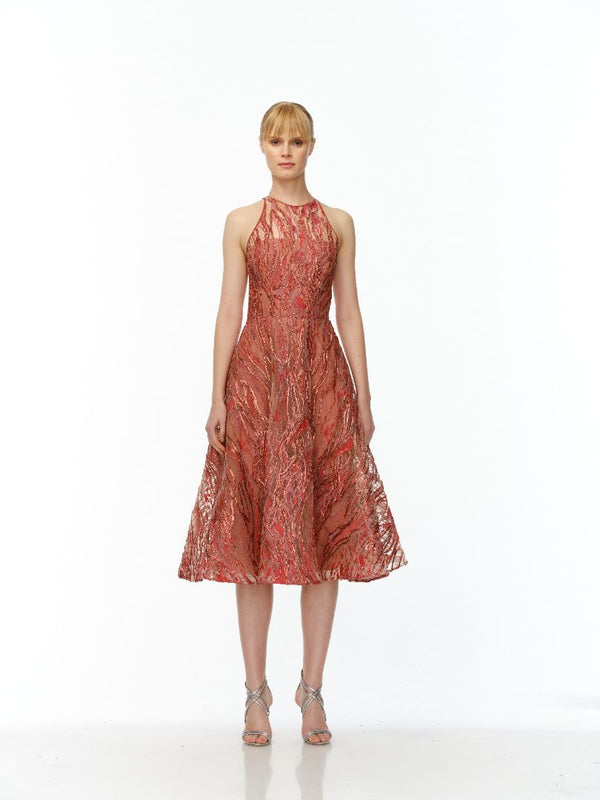 naeem khan METALLIC RAFFIA HALTER TEA LENGTH DRESS